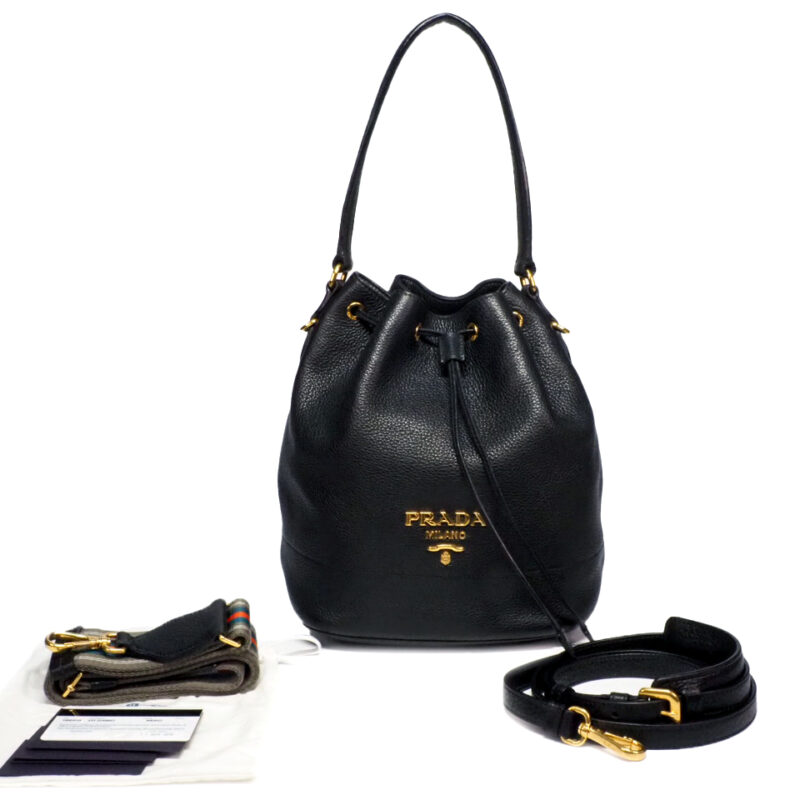 Prada 1BE018 Black Deerskin Leather Drawstring 2-Way Shoulder/ Crossbody Bag