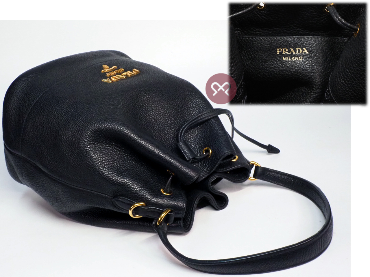 Prada 1BE018 Black Deerskin Leather Drawstring 2-Way Shoulder/ Crossbody Bag - Image 5