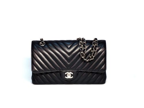 Chanel 25706365 A01112Y Black Chevron Lambskin Medium Classic Double Flap Silver Hardware- 25cm