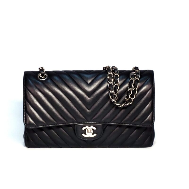 Chanel 25706365 A01112Y Black Chevron Lambskin Medium Classic Double Flap Silver Hardware- 25cm