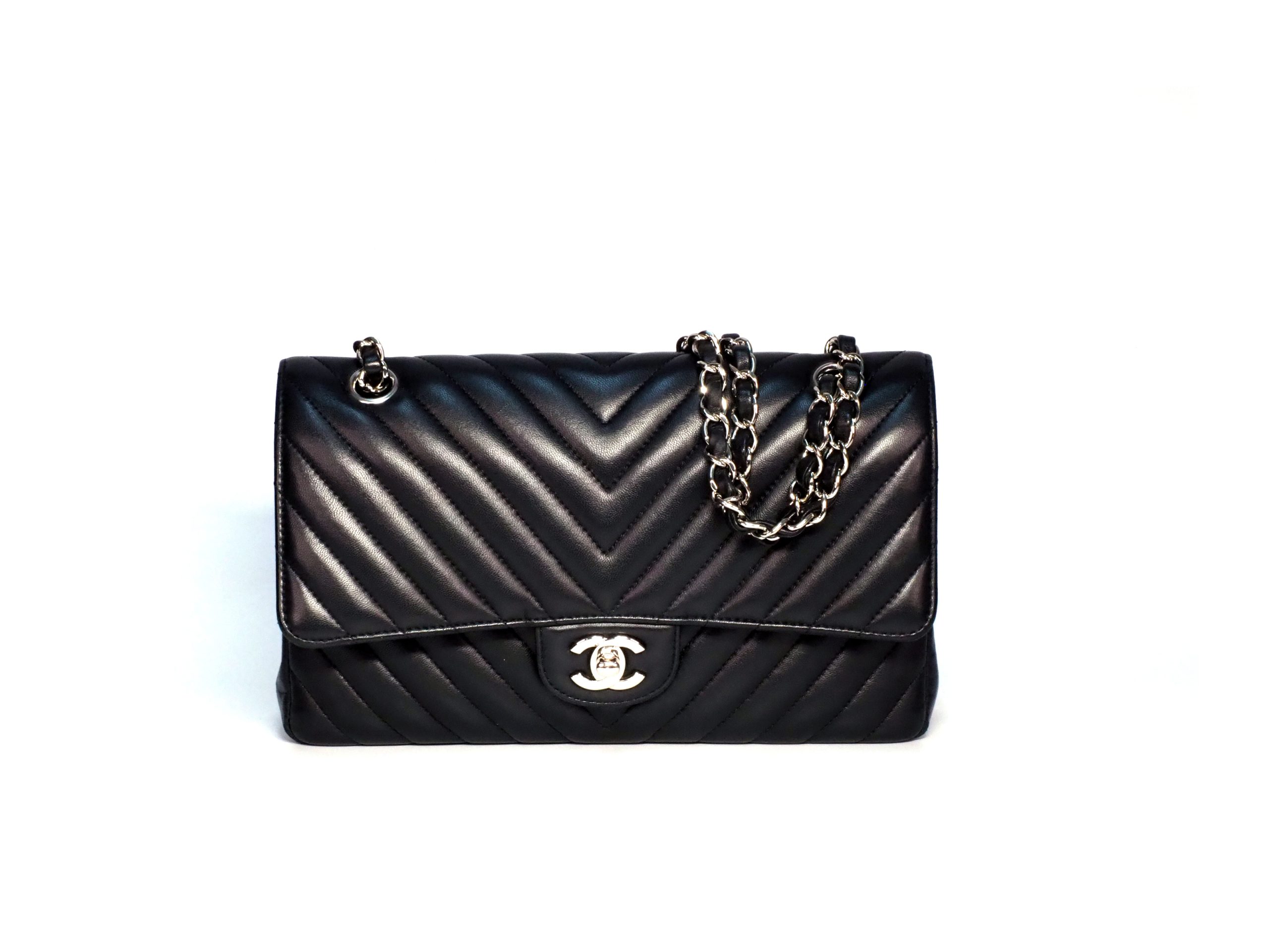 Chanel 25706365 A01112Y Black Chevron Lambskin Medium Classic Double Flap Silver Hardware- 25cm