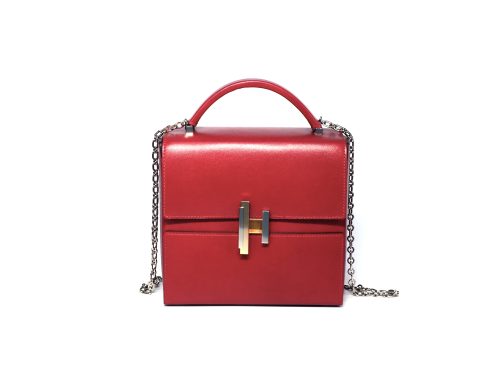 Hermes Cinehetic A Stamp 18cm Red/ Rubis Tadelakt Leather Top Handle with Chain