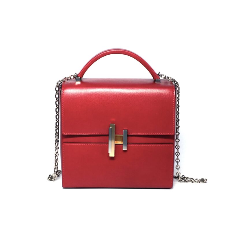Hermes Cinehetic A Stamp 18cm Red/ Rubis Tadelakt Leather Top Handle with Chain