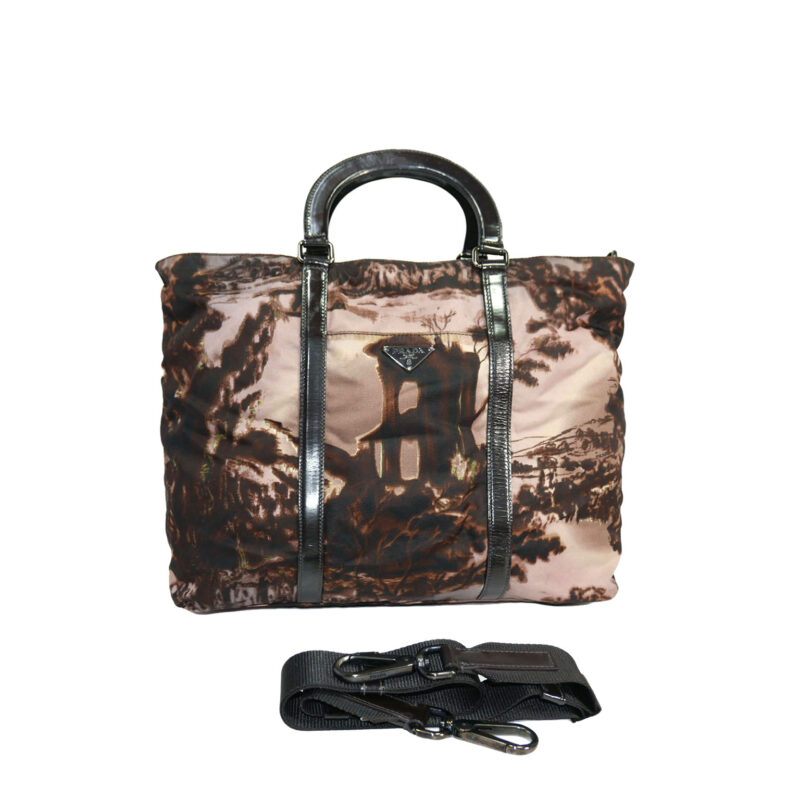 Limited Edition ! Prada BN1057 Opale Nylon Tessuto NY Street Templi Print Tote Bag with Strap