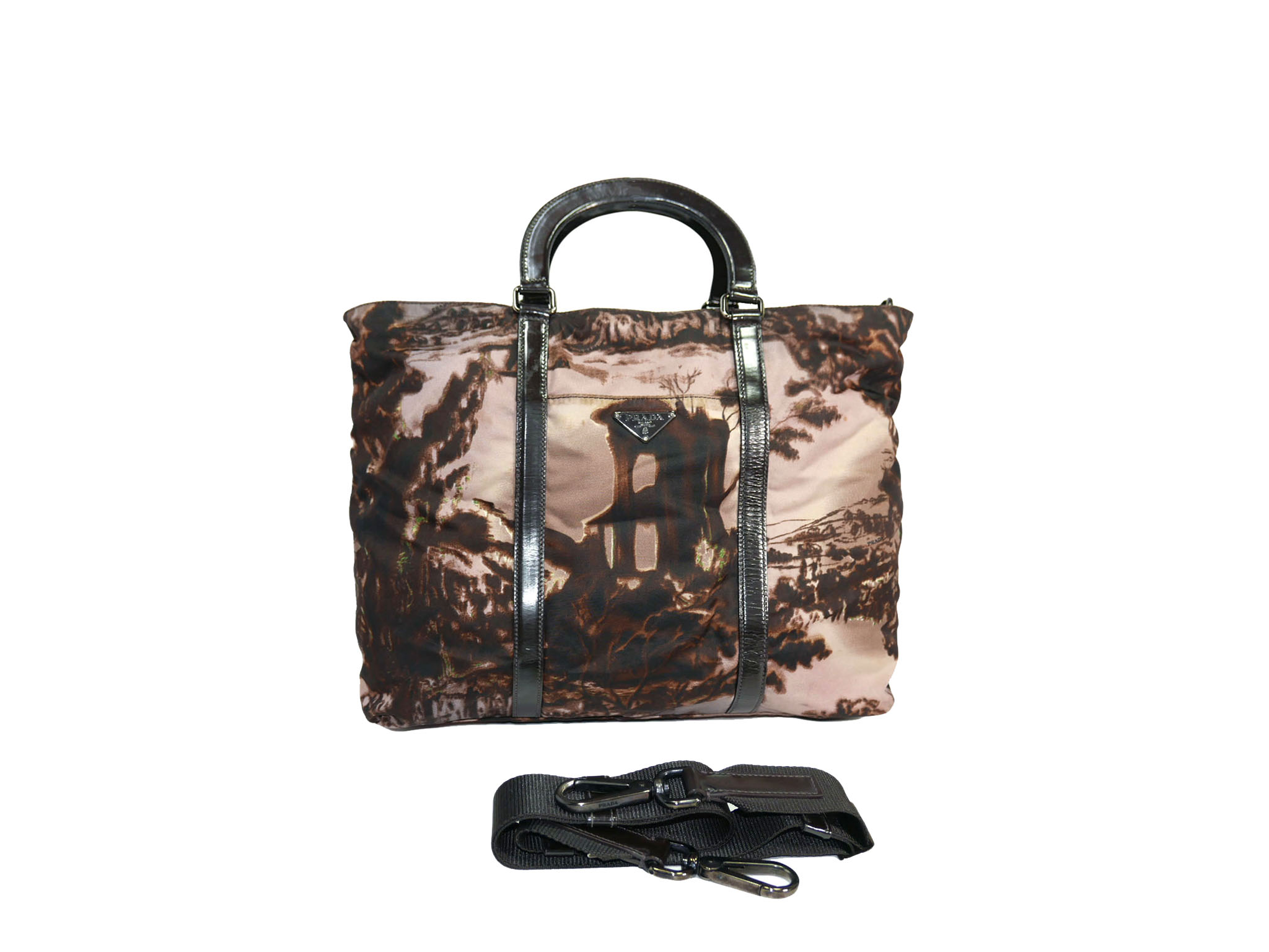 Limited Edition ! Prada BN1057 Opale Nylon Tessuto NY Street Templi Print Tote Bag with Strap