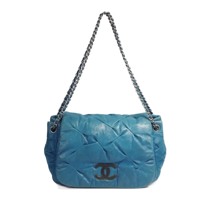 Chanel 14480458 Blue Turquoise Metallic Teal Leather CC Glint Accordion Flap Bag