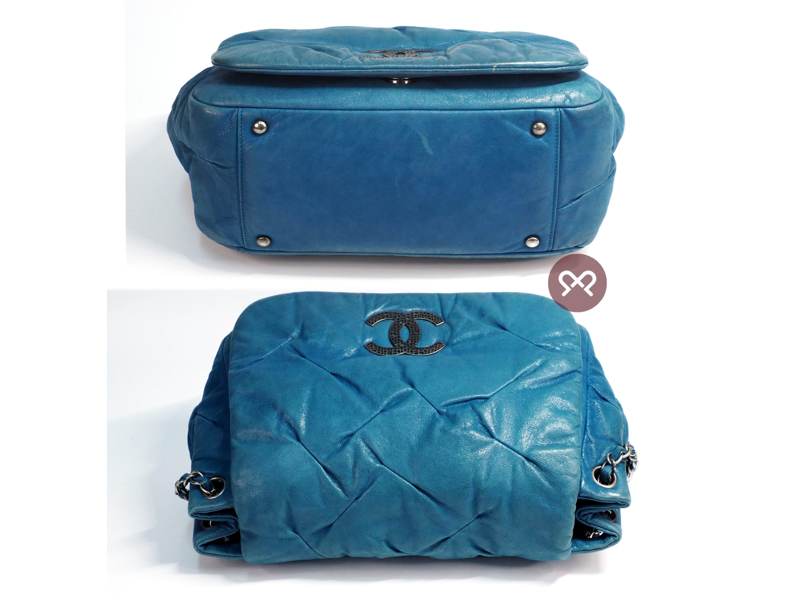Chanel 14480458 Blue Turquoise Metallic Teal Leather CC Glint Accordion Flap Bag - Image 4