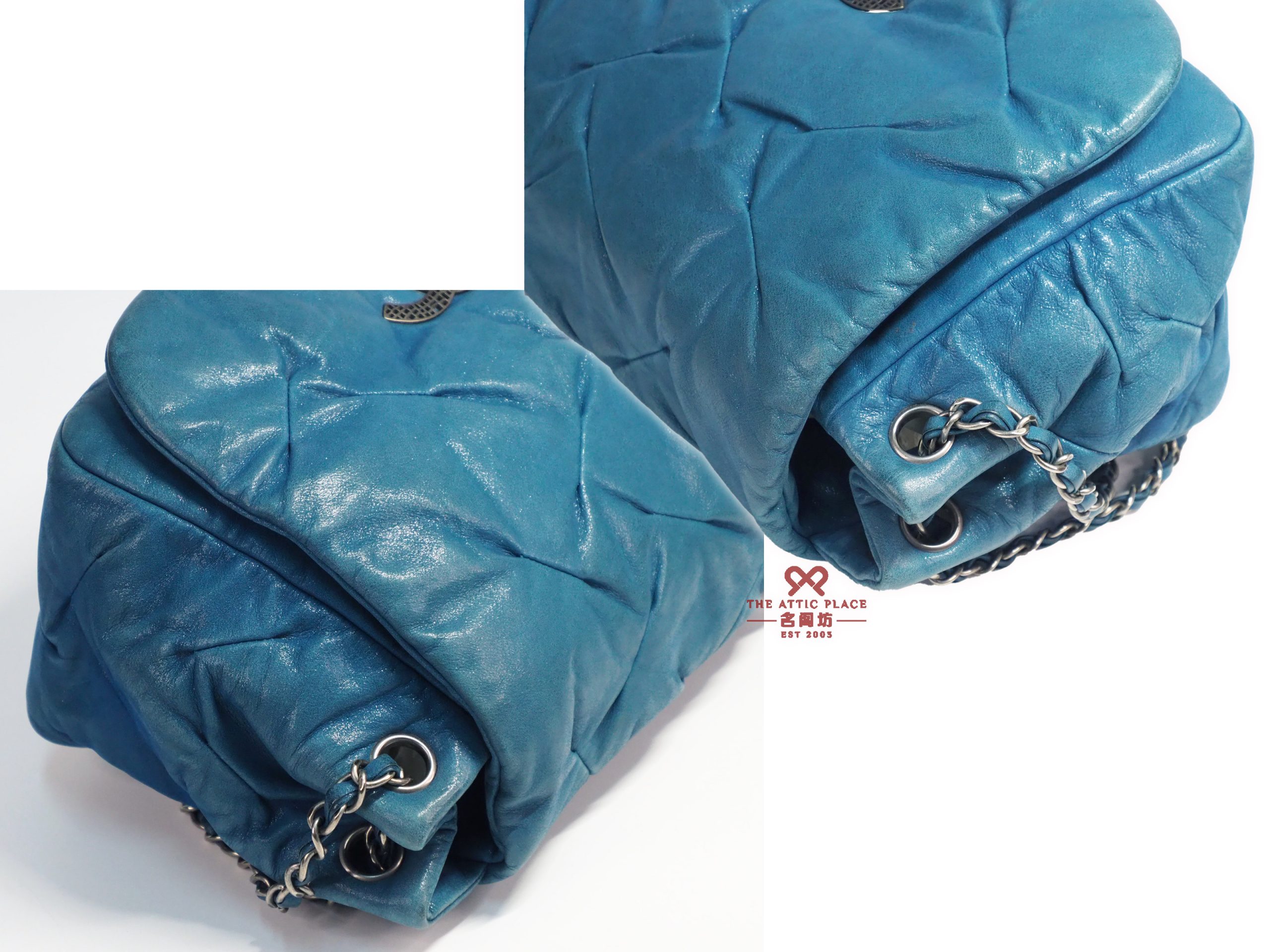 Chanel 14480458 Blue Turquoise Metallic Teal Leather CC Glint Accordion Flap Bag - Image 7