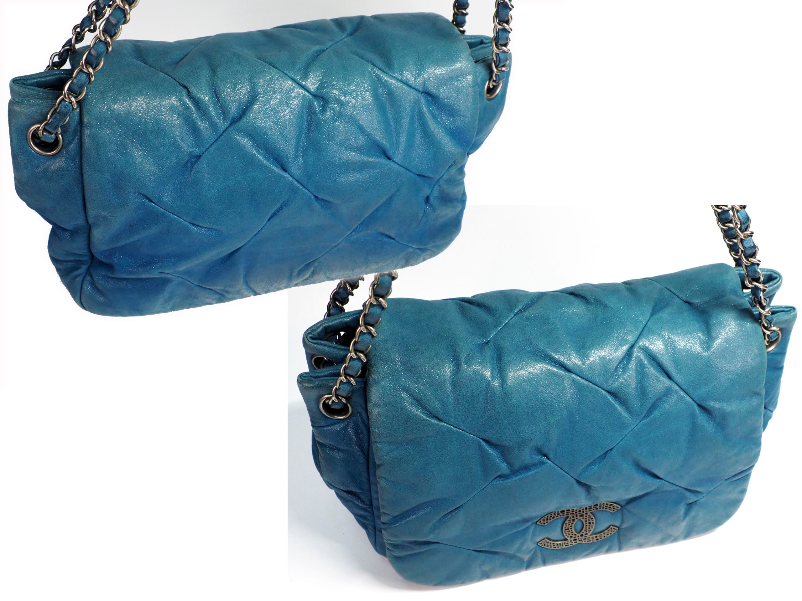 Chanel 14480458 Blue Turquoise Metallic Teal Leather CC Glint Accordion Flap Bag - Image 6