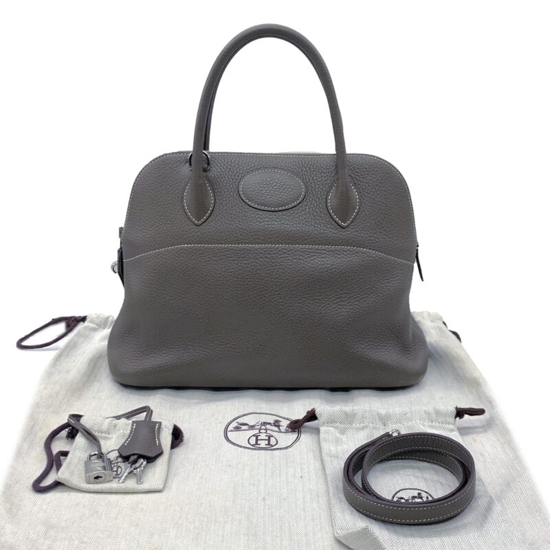 Hermes Bolide 31 Etoupe Clemence Leather Tote with Strap Palladium Hardware C Stamp