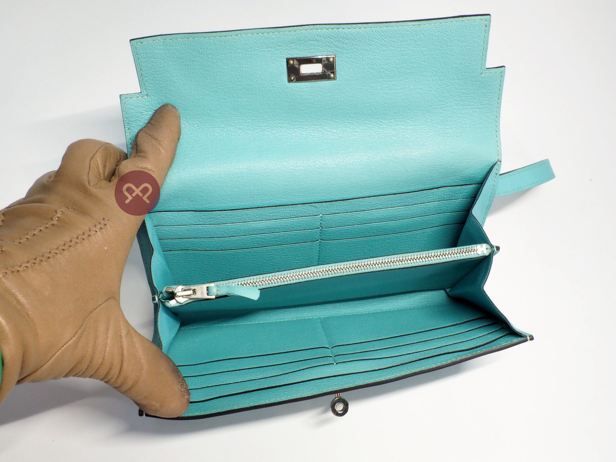 Hermes Kelly Ghillies Wallet Swift Leather Blue Atoll Palladium Hardware T Stamp - Image 9
