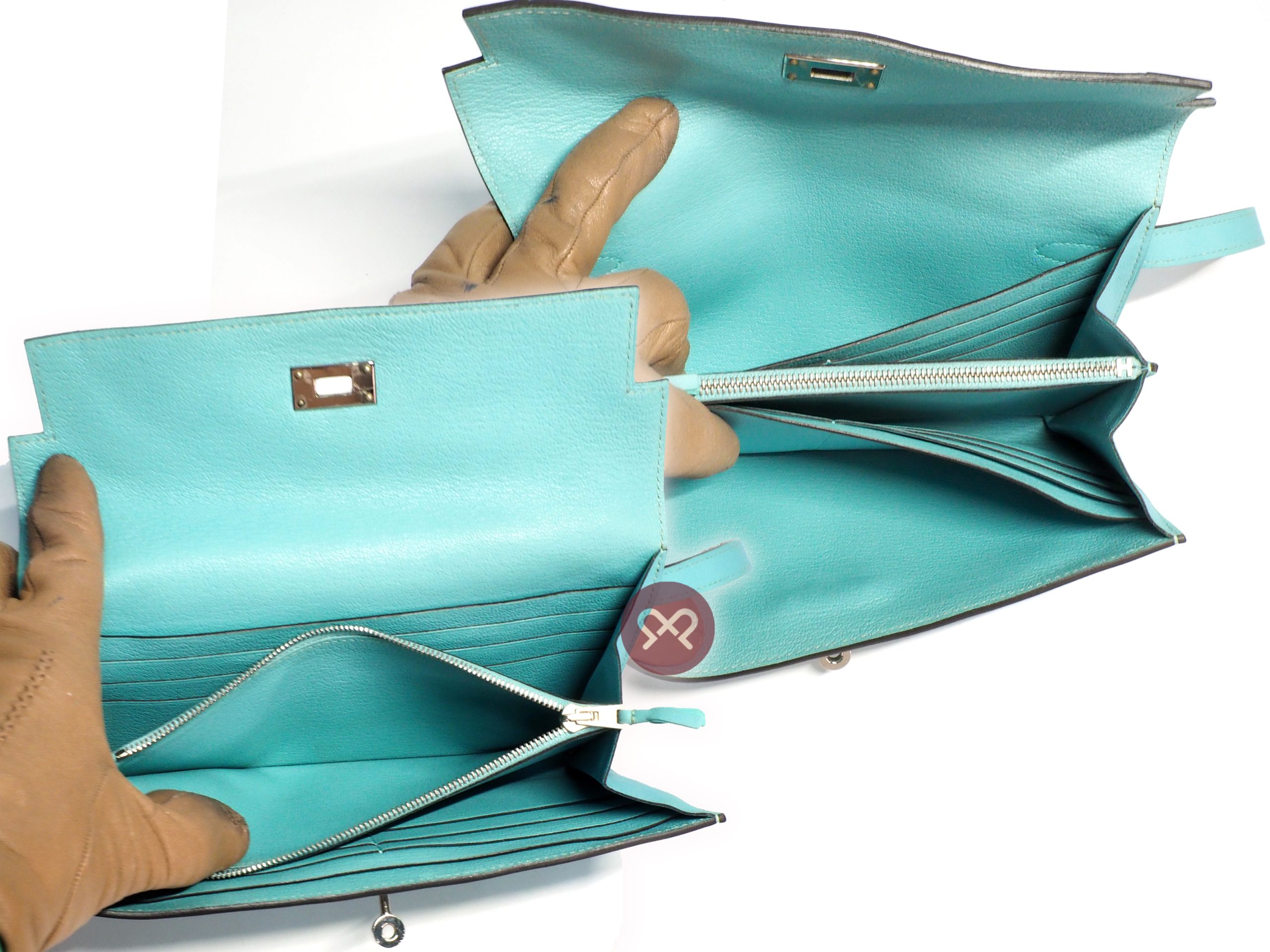 Hermes Kelly Ghillies Wallet Swift Leather Blue Atoll Palladium Hardware T Stamp - Image 8