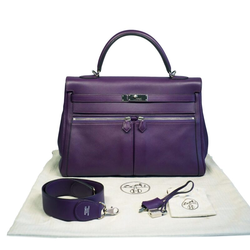 Rare Finds ! Hermes Kelly Lakis 35 Ultra Violet Swift Leather Q Stamp Palladium Hardware