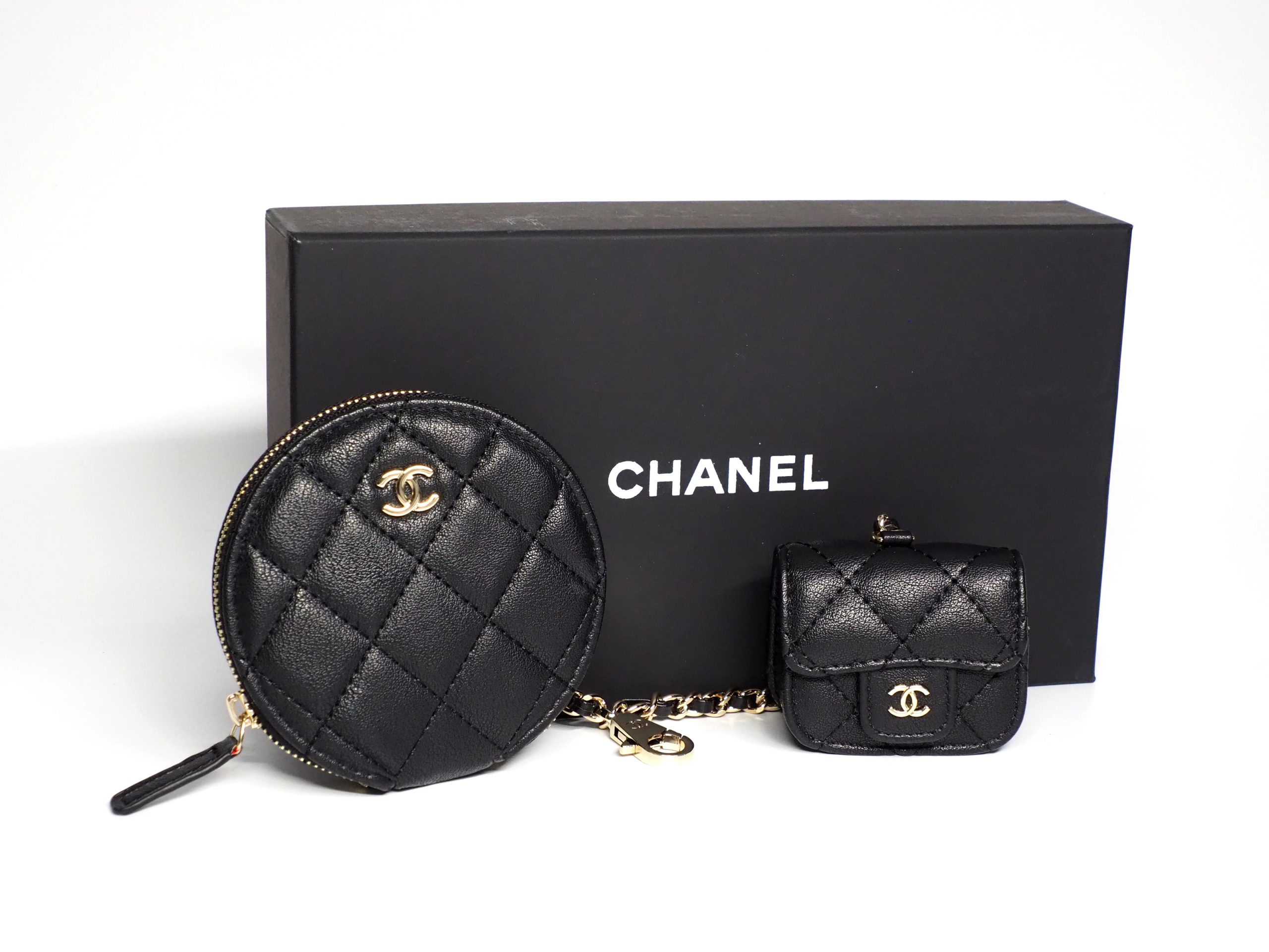 BRAND NEW ! Chanel VIP Black Goat Leather Quilted Novelty Round Coin Pouch & AirPods Case