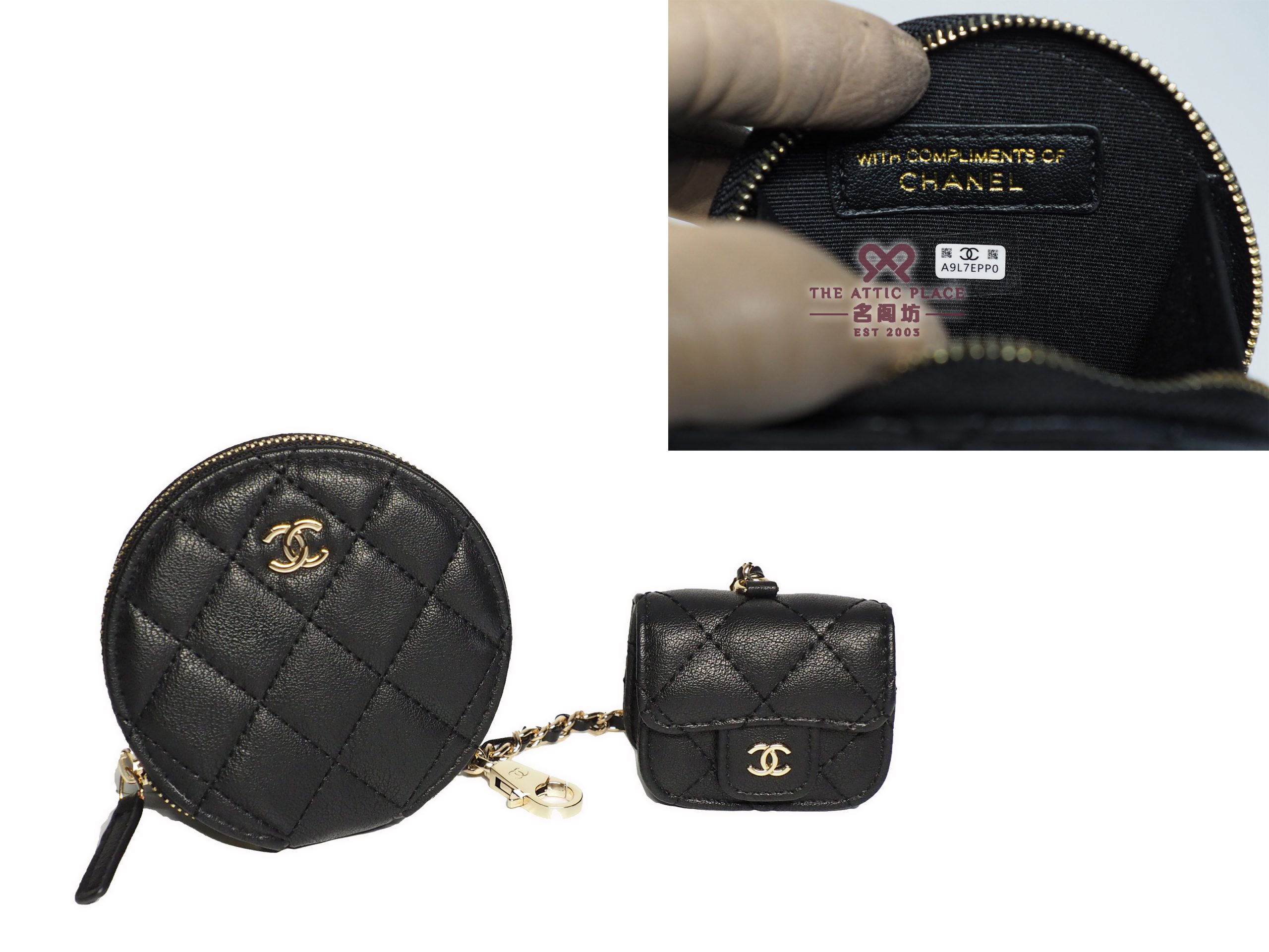 BRAND NEW ! Chanel VIP Black Goat Leather Quilted Novelty Round Coin Pouch & AirPods Case - Image 2