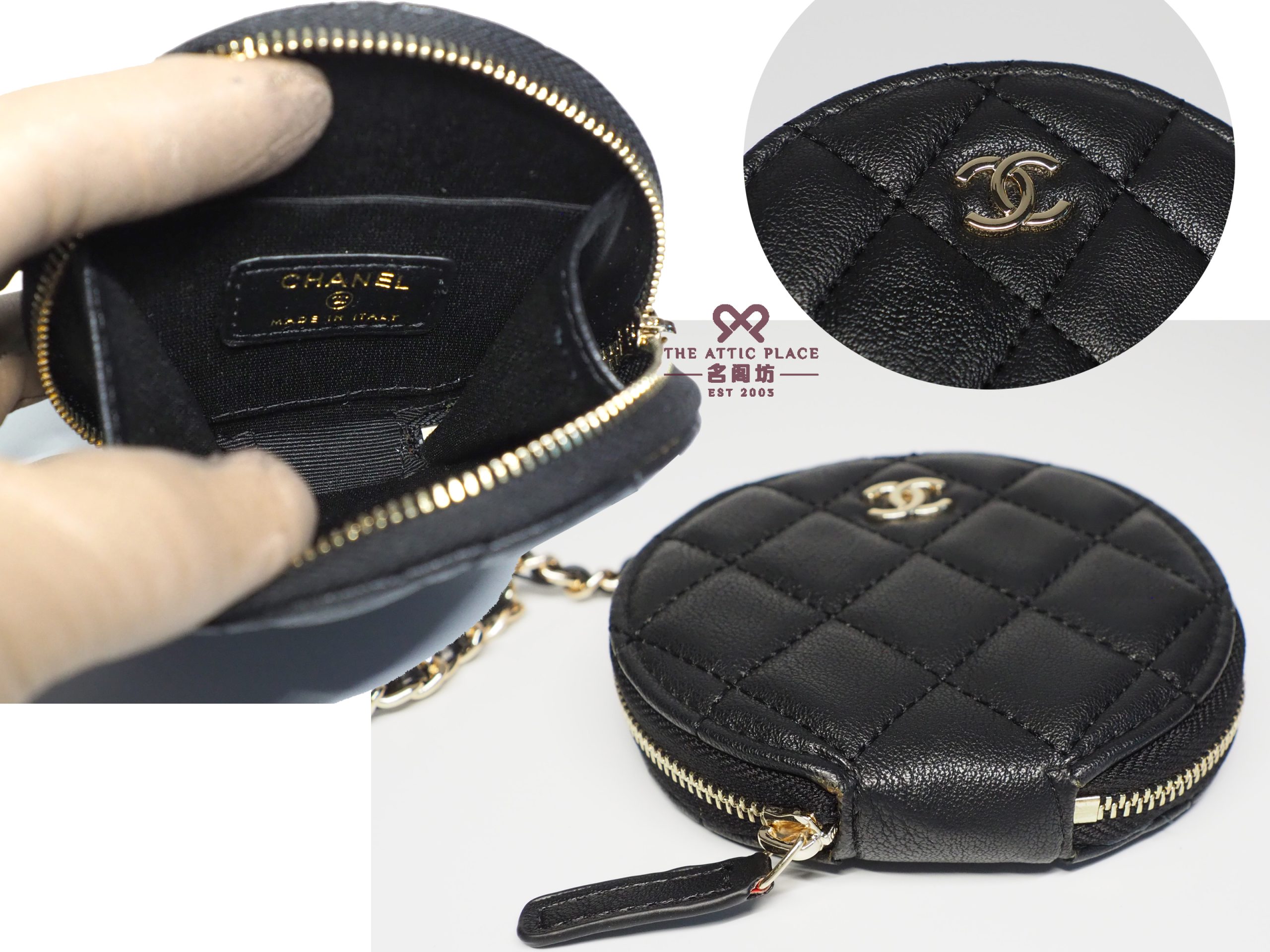 BRAND NEW ! Chanel VIP Black Goat Leather Quilted Novelty Round Coin Pouch & AirPods Case - Image 5