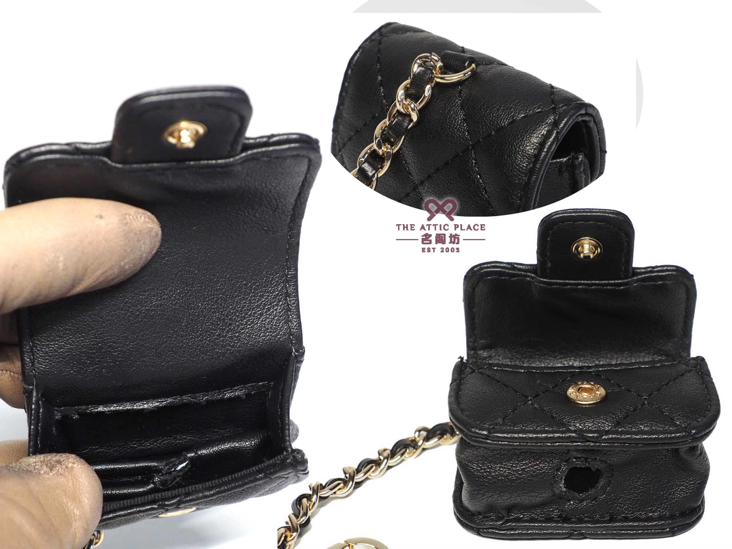 BRAND NEW ! Chanel VIP Black Goat Leather Quilted Novelty Round Coin Pouch & AirPods Case - Image 6