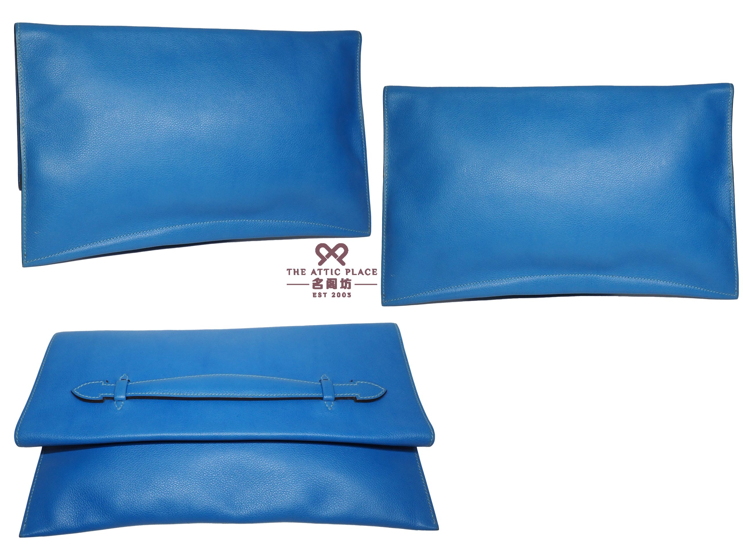Hermes Pochette Pliplat Veau Evercolor Bi-Color Blue R Stamp Flap Clutch/ Pouch - Image 3