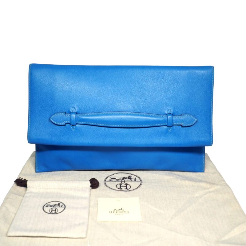Hermes Pochette Pliplat Veau Evercolor Bi-Color Blue R Stamp Flap Clutch/ Pouch