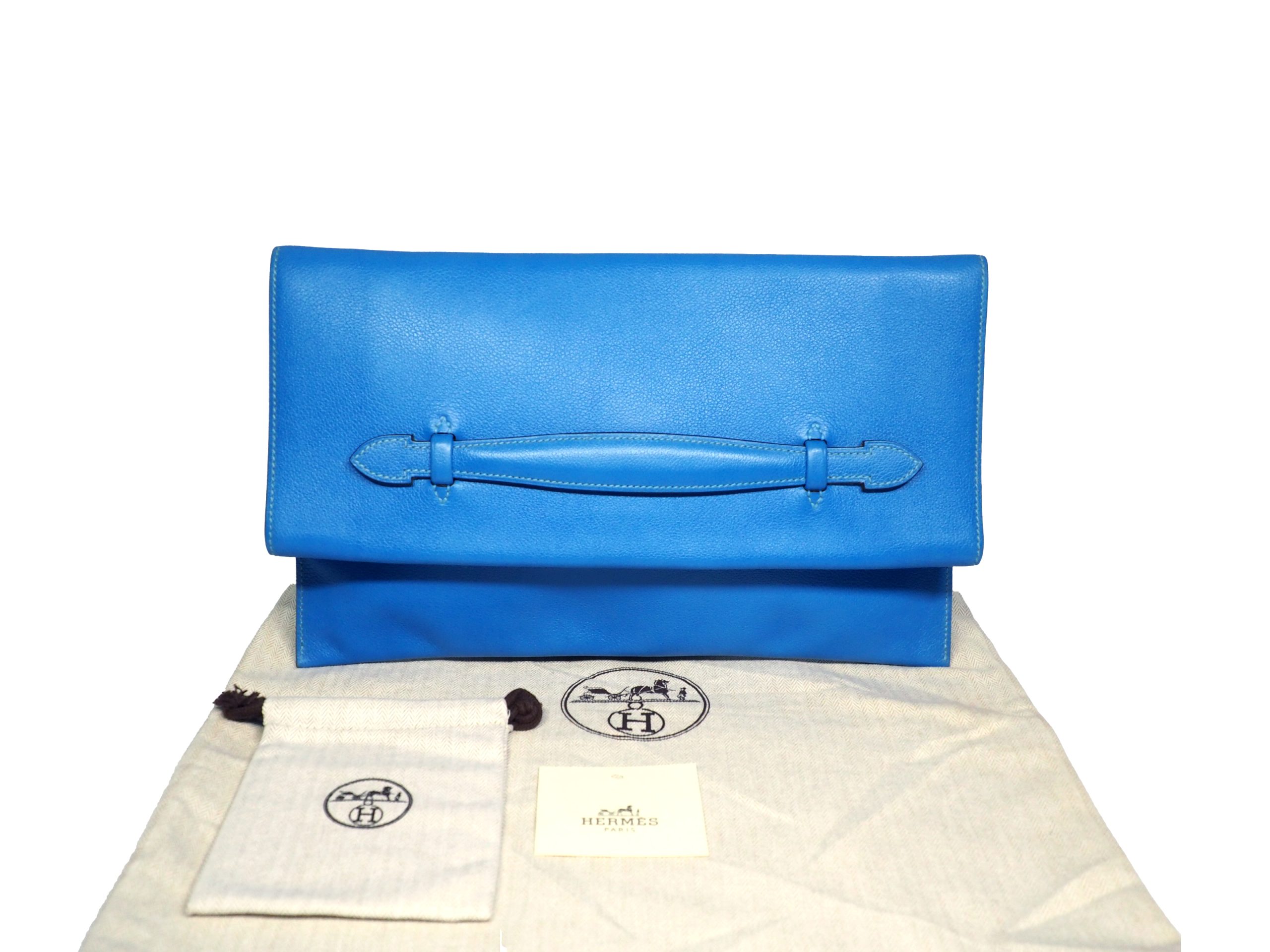 Hermes Pochette Pliplat Veau Evercolor Bi-Color Blue R Stamp Flap Clutch/ Pouch